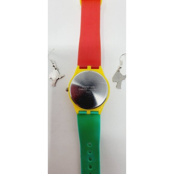 Vintage 1987 M&M Watch Japan Movement Red Green Yellow Plastic + Earrings - Picture 2 of 5